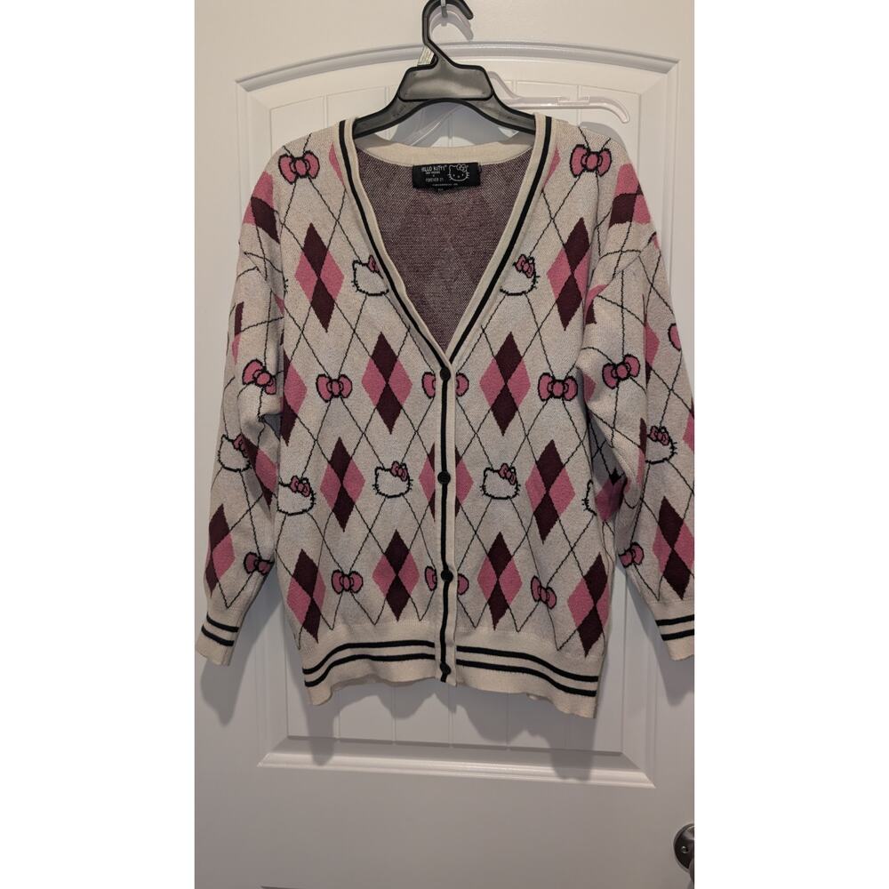Forever 21 Hello Kitty Argyle Knit Button Cardigan Sweater M V-Neck Long Sleeve